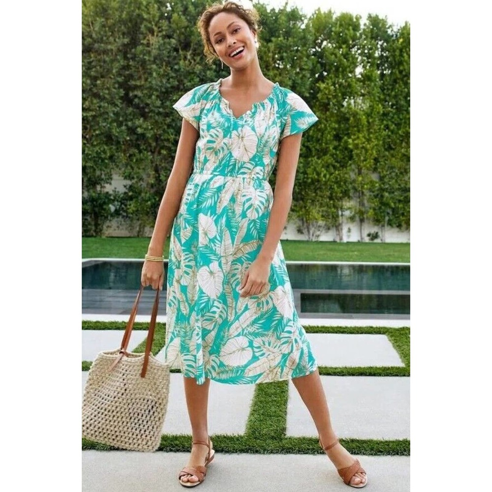 Talbots Green and White Leaf Print Midi Dress